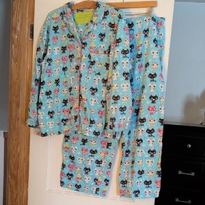 Victoria's Secret Light Blue Winter Cat Print Pajama Set with Button-Front Top